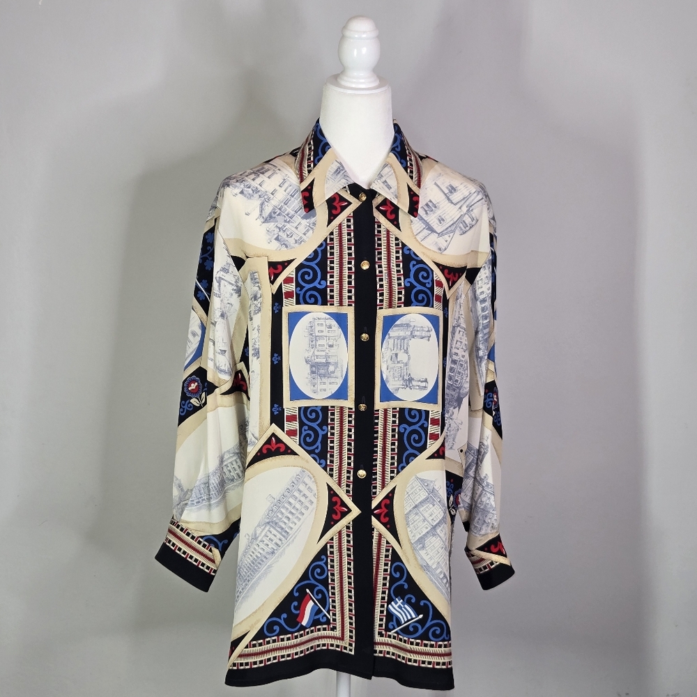 Laurèl By Escada Vintage Architectural Print  Silk Blouse Size 36 US Size M